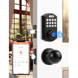 Tinewa Fingerprint Door Lock with 2 Door Knobs - Keyless Entry Door Lock with Handle, Electronic Keypad Deadbolt Smart Front Door, Front Door Handleset for Homes, Apartments, Easy to Install