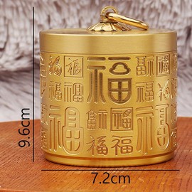 Chiorgone Chinese Brass "Hundred Fu" Car Ashtray with Lid - Feng Shui Gold Tone Embossed Blessings Craft, Windproof Ash Holder for Vehicle Interior Decor and Home Office.