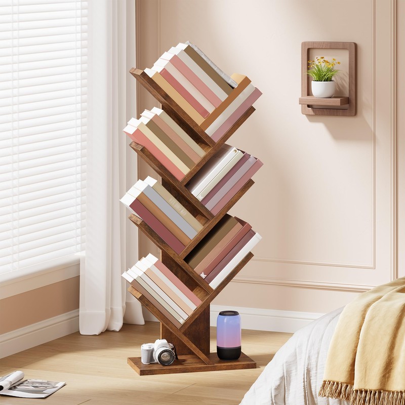 Hoctieon 7 Tier Tree Bookshelf, 7 Shelf Bookcase, Free Standing