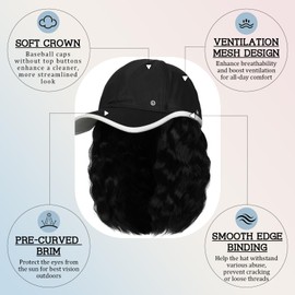 Qlenkay Waterproof Baseball Cap Attached with Curly Wavy Bob Hair Soft Crown Adjustable Quick Dry Hat Wig 14in Short Synthetic Hairpiece for Women Dark Black