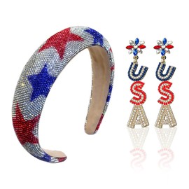 MEFINESHOW 4th of July Headband & Patriotic Earrings for Women Red White and Blue Accessories Wide Crystal Rhinestone American Flag Hair Headband for Independence Day Pride Accessories