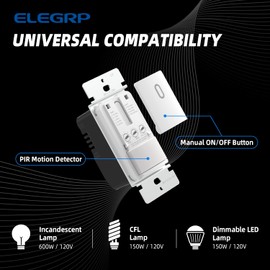 ELEGRP Single Pole Occupancy Motion Sensor Light Switch, PIR Infrared Motion Activated Switch, Need Grounding Wire, No Neutral Wire, for CFL/LED/Incandescent, with Plate, UL(2 Pack, Matte White)