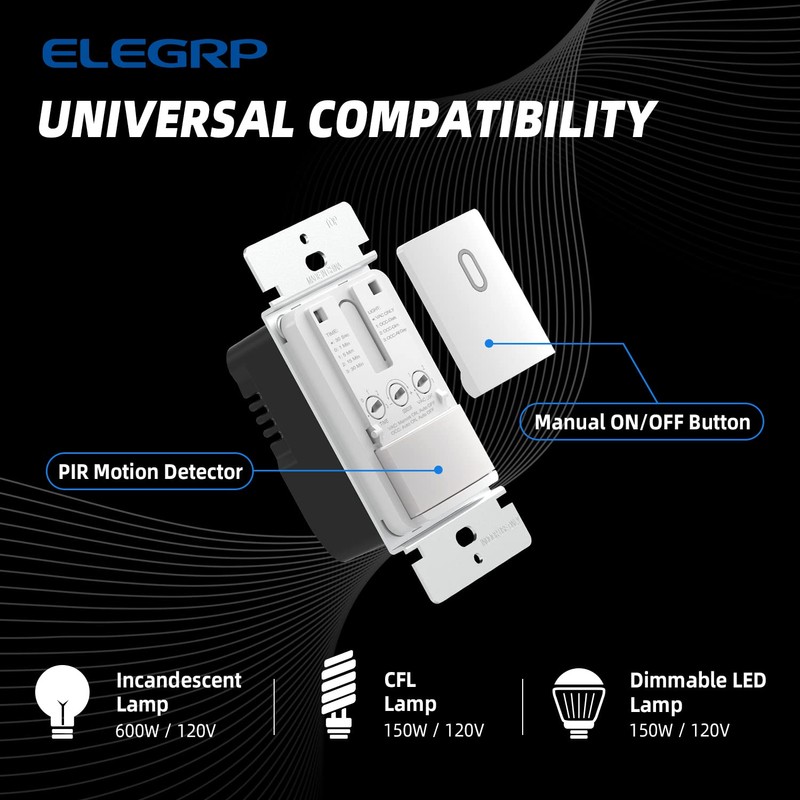 ELEGRP Single Pole Occupancy Motion Sensor Light Switch, PIR Infrared
