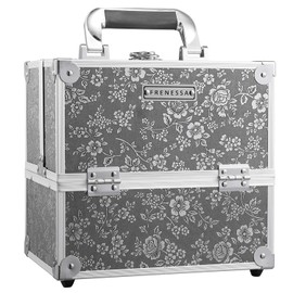 Frenessa Professional Makeup Train Case Aluminum 4-Tier Trays Cosmetic Box Jewelry Storage Organizer with Lockable Portable Travel Makeup Storage Box for Women and Girls Silver Floral