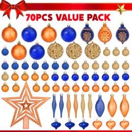 Joiedomi 70Pcs Assorted Christmas Ornaments Set with Ball Ornaments, Star Topper and Heart, Hanging Shatterproof Christmas Ornaments for Holidays and Xmas Tree Ornaments (Blue, Orange and Gold)