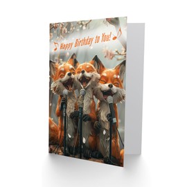 Artery8 Birthday Card Three Cute Foxes Singing Fun Woodland Animal Karaoke For Him Her Man Woman Girl Boy Wife Husband Greeting Card