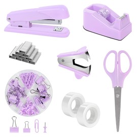 SKYDUE Purple Desk Accessories, Purple Office Supplies Set, Stapler, Tape Dispenser, Scissors, Binder/Paper Clips and 1000pcs Staples,Office Supplies for Women