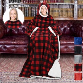 Tirrinia Sherpa Hood Wearable Blanket for Adult Women and Men, Super Soft Comfy Warm Plush Throw with Sleeves TV Blanket Wrap Robe Hoodie Cover for Sofa, Couch 72" x 55" Red Plaid