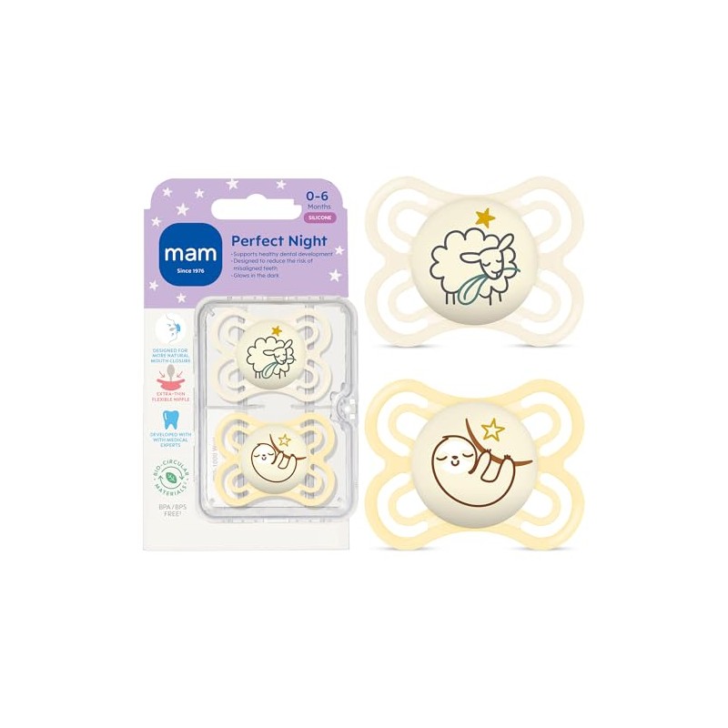 MAM Perfect Night 2 Piece Baby Pacifier, Unisex, 0-6 Months