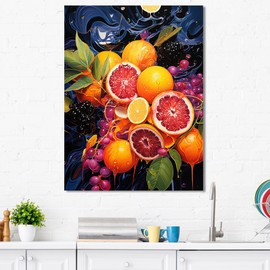 DesignQ Fruits Wall art decor, Fruits Wall Art, Passionfruit Pulse In Electric Ebony, Orange Large Canvas wall art, 16x32 inches