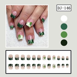 24Pcs St. Patrick's Day French Tip Press on Nails Square Short Shamrocks Fake Nails with Rhinestones French Lines Shamrock Nail Art Designs Full Cover Stick on Nails Acrylic Artificial Nails for Women