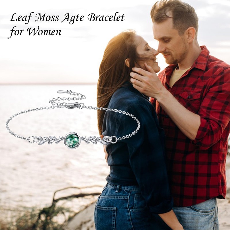 HUKKUN Moss Agate Bracelet Sterling Silver Leaf Bracelet Moss Agate