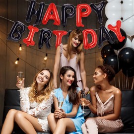PIGETALE Black and Red Happy Birthday Banner Balloons, 16 Inch Mylar Foil Happy Birthday Sign Banner for Kids and Adults, 3D Happy Birthday Balloons Letters for Birthday Party Decorations and Supplies
