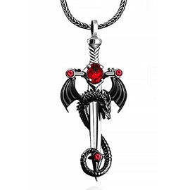 DGP Mens Sterling Silver Dragon with Sword Pendant Necklace (Red), Sterling Silver, silver