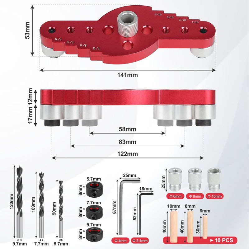 EFUTURETIME Self-Centring Dowel Device Set, 6/8/10 mm Holes Locator Woodworking,