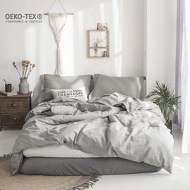 Simple&Opulence 100% Linen Duvet Cover Set with Washed-Belgian Flax-3 Pieces Solid Color Basic Style Bedding Set-Breathable Soft Comforter Cover with 2 Pillowshams(Queen,Light Grey)