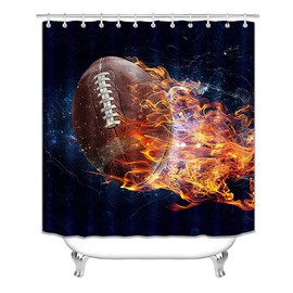 Jayden&Madge 4PCS/Set Fantasy Burning American Football Fabric Shower Curtain, Creative Rugby Sport Theme Bathroom Decor for Boys, Non-Slip Bath Rugs Soft Toilet Carpet, for Men, Flying