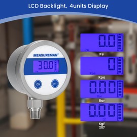 MEASUREMAN Economy Digital Pressure Gauge 2.5" Blue Backlit LCD, 0-30 PSI All Stainless Steel Case 1/4" NPT Connection 1% Accuracy