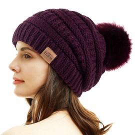 REDESS Women's Winter Pom Pom Beanie Hat with Warm Fleece Lined, Thick Slouchy Snow Knit Chunky Baggy Skull Ski Cap, 1#purple