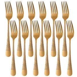 Dinner Forks, Buyer Star 12 Pieces Stainless Steel Table Forks, Classic Flower Pattern Cutlery Forks Set, 8.1" Metal Fork Silverware Set for Home Kitchen Restaurant, Dishwasher Safe (Gold)