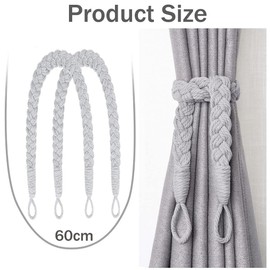Natural Cotton Rope Curtain Tie Backs,2 Pcs Elegant Boho Style Decorative Hand Knitting Curtains Tied with Metal Hook Braided Curtain Tie Backs for Home Hotel Office (Light Grey)