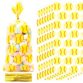 50 PCS Plastic Softball Cellophane Treat bags with Ties Goodie Candy Gift Bags Baby Shower Birthday Sport Gold Balls Game Team Party Decorations Favors Supplies Craft Baseball Pouches Clear(5x11)