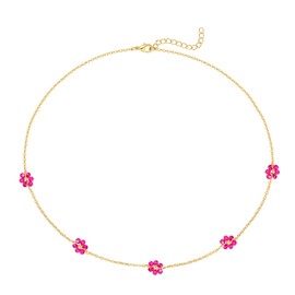 Daisy Flower Choker Necklace 14K Gold Plated Beaded Pearl Choker for Women Jewelry Gifts (Hot Pink Daisy)
