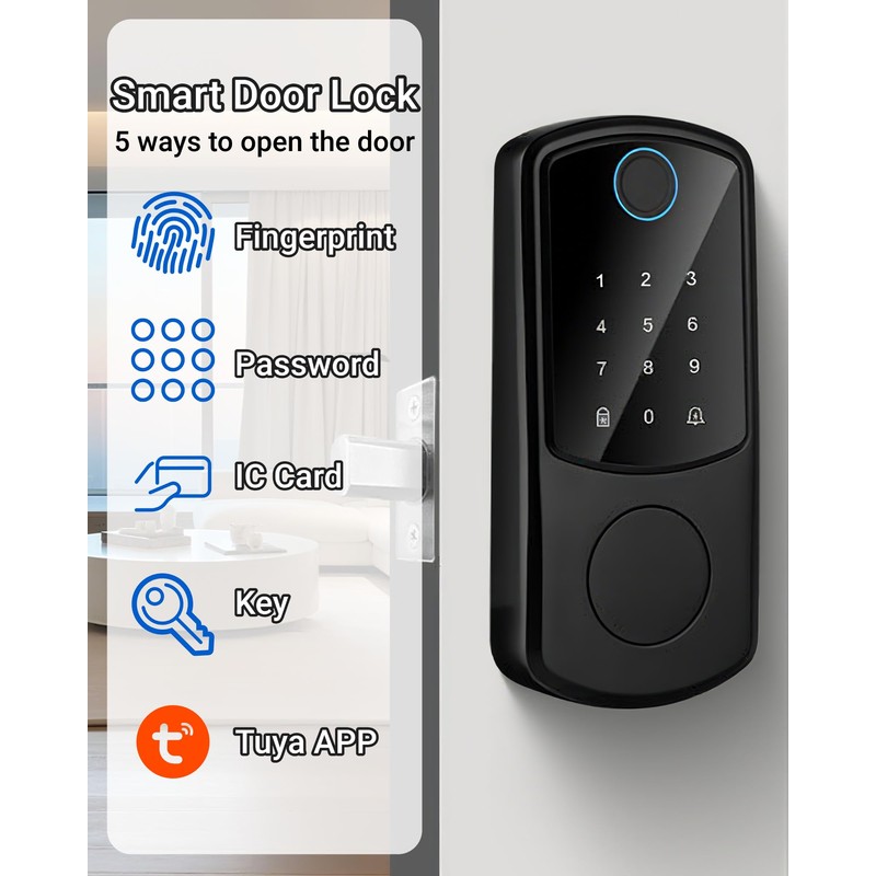 Smart Door Lock, Fingerprint Password IC Card Key Tuya APP,