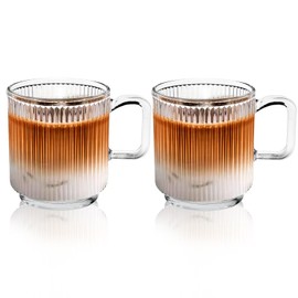 Design•Master [2 Pack, 12 OZ] - Premium Glass Coffee Mugs with Vertical Stripes, Transparent Tea Glasses for Hot/Cold Beverages, Perfect Design for Americano, Cappuccino, Latte or Tea and Beverage.