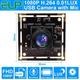 ELP Sony IMX323 Sensor Mini USB Camera Module HD 1080P 0.01Lux Low Light USB Camera with Microphone,3.6mm Lens H.264 USB Computer Embedded Webcam Board,UVC USB2.0 Camera for Laptop,with 3.3ft/1M Cable