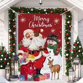 Lunmon 6 x 4 ft Christmas Photo Booth Prop Head Cutout Red Christmas Door Cover Banner Santa Claus Photography Backdrop Snowman Backdrop Xmas Background Party Decoration