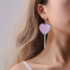 Food Sweet Cute Clear Transparent Heart Candy Resin Lollipop Earrings Resin Candy Earrings Costume Trendy Style Women Jewelry (Violet)