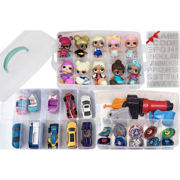 HOME4 No BPA Storage Organizer Carrying Case Box 30 Adjustable Compartments Compatible with Mini Brands Dolls LOL Toys Bead Beyblade Hot Wheels Tool Craft Sewing Jewelry Hair Accessories (Clear)