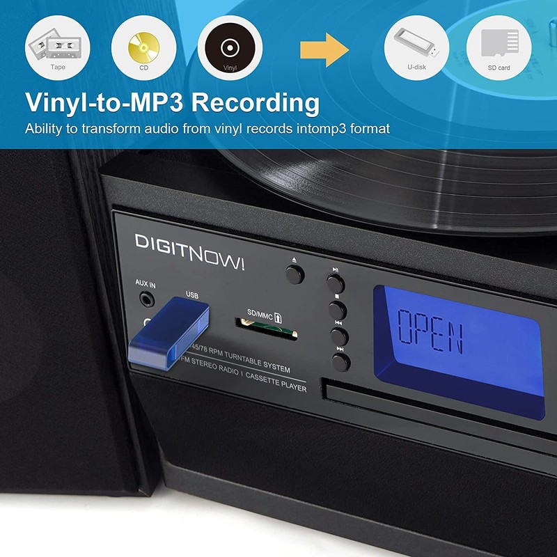 DIGITNOW Bluetooth Record Player Turntable with Stereo Speaker, LP Vinyl