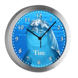 CreaDesign, WU-10-1128 Radio Controlled Dolphin Clock for Children's Room, Silent Radio-Controlled Movement, Customisable with Name, Silver Frame, Diameter 25 cm