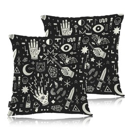 Swono Witchcraft Decorative Throw Pillow Covers Pack of 2, Magic Witchcraft Hand Eyes Bats Pillow Cushion Cases 18"X18", Square Pillowcases Decoration for Sofa Couch Bedroom Living Room Car, Black