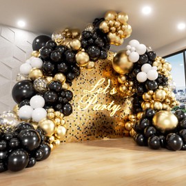 182pcs Black and Gold Balloons Garland Arch Kit, 5 10 12 18 inch Black White Metallic Gold Confetti Latex Balloons for 2024 Graduation Decorations New Year Birthday Party Decorations