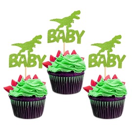 Ercadio - Paquete de 24 adornos de dinosaurios para cupcakes de bebé, diseño de dinosaurio, purpurina verde, para cupcakes de bebé, diseño de dinosaurio, baby shower, decoración de tartas