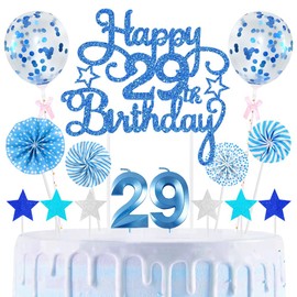 29th Geburtstag Kuchen Dekoration Kuchen Toppers Zahl Kerzen Birthday Torten Dekoration Sternen Papierfächer Ballon Torte Toppers Kuchendeko für 29. Geburtstag Dekorationen Party Zubehör, Blau