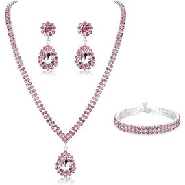 Dochais Bridal Jewellery Set for Wedding Simple Necklace Teardrop Dangle Earrings Bracelets Crystal Prom Bride Bridesmaid Tennis Jewellery Set, Alloy Steel