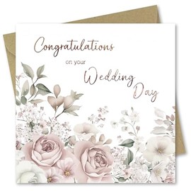 Wedding Card for bride and groom Congratulations on your Wedding Day. Floral Design with Rose Gold Foiled text. 150x50mm. Supplied with Kraft envelope.