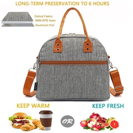 FlowFly Insulated Lunch Bag With Shoulder Strap for Women, Men, and Kids, Large and Reusable, Handle, Freezable Work and School Travel Tote and Meal Prep Organizer,Grey