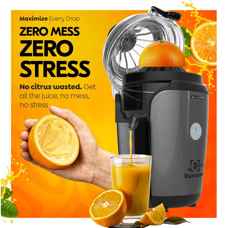 Eurolux Hands-Free Electric Citrus Juicer Machine, Orange Lime Grapefruit Lemon