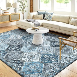 GarveeHome Machine Washable Rug 5x7 Moroccan Trellis Area Rug for Living Room Vintage Distressed Floral Accent Rug Non-Slip Stain Resistant Floor Cover Carpet for Bedroom Decor, Blue/Grey