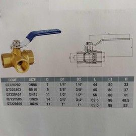3 Way Ball Valve, DN15 1/5.1 cm Brass Female Thread Ball Valve, L/T Type Female Lever Handle Ball Valve for Water, Oil, Gas (DN25 L Type)