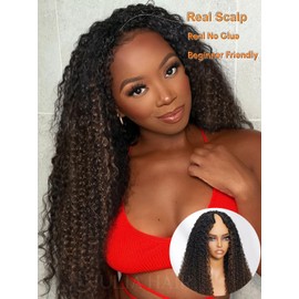 Julia Hair EasiContour V Part Curly Wigs Human Hair 12A Ombre Black to Chestnut Brown Glueless Wigs Clip in Vpart Wig No Leave Out Upgrade U Part Wig Beginner Friendly Ready to Go 22 Inch