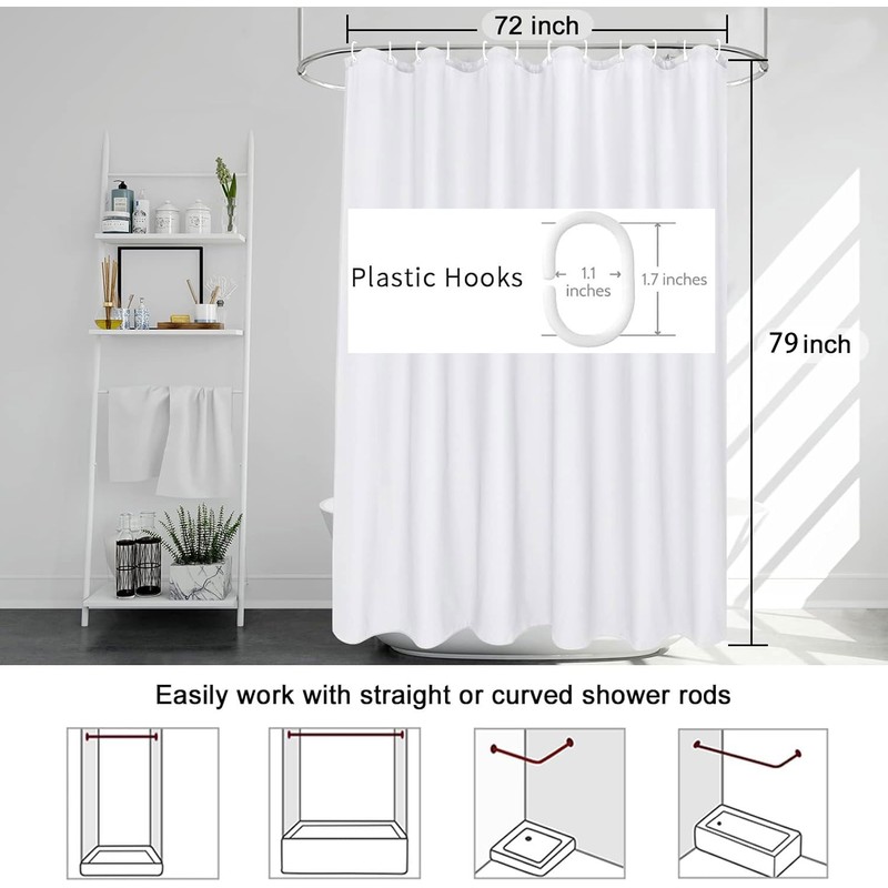 PEVA Shower Curtain Liner with 3 Magnets, White Heavy Duty