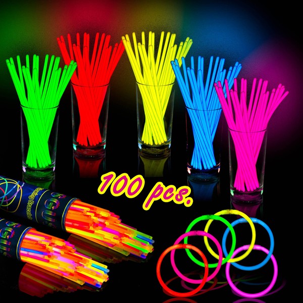 100 Pack Colorful Halloween Glow Sticks - bracelet and Necklaces glow sticks - Great For Glow in The Dark Party Supply - Party Pack Glowsticks 8" With Connectors For Weddings, Birthdays And More
