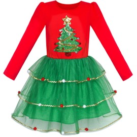 Sunny Fashion Christmas Dress, Girls' Long-Sleeved Party Dress, Santa Hat, Size 110 - 146 - Red Green Tree Plain, size: 146