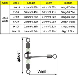 White 6x7#, Durable Fishing Rolling Swivels Set, 3-Way Cross-line Barrel Swivels, Ball Bearing Hooks, and T-Turn Connectors for Anti-Tangle Fishing
